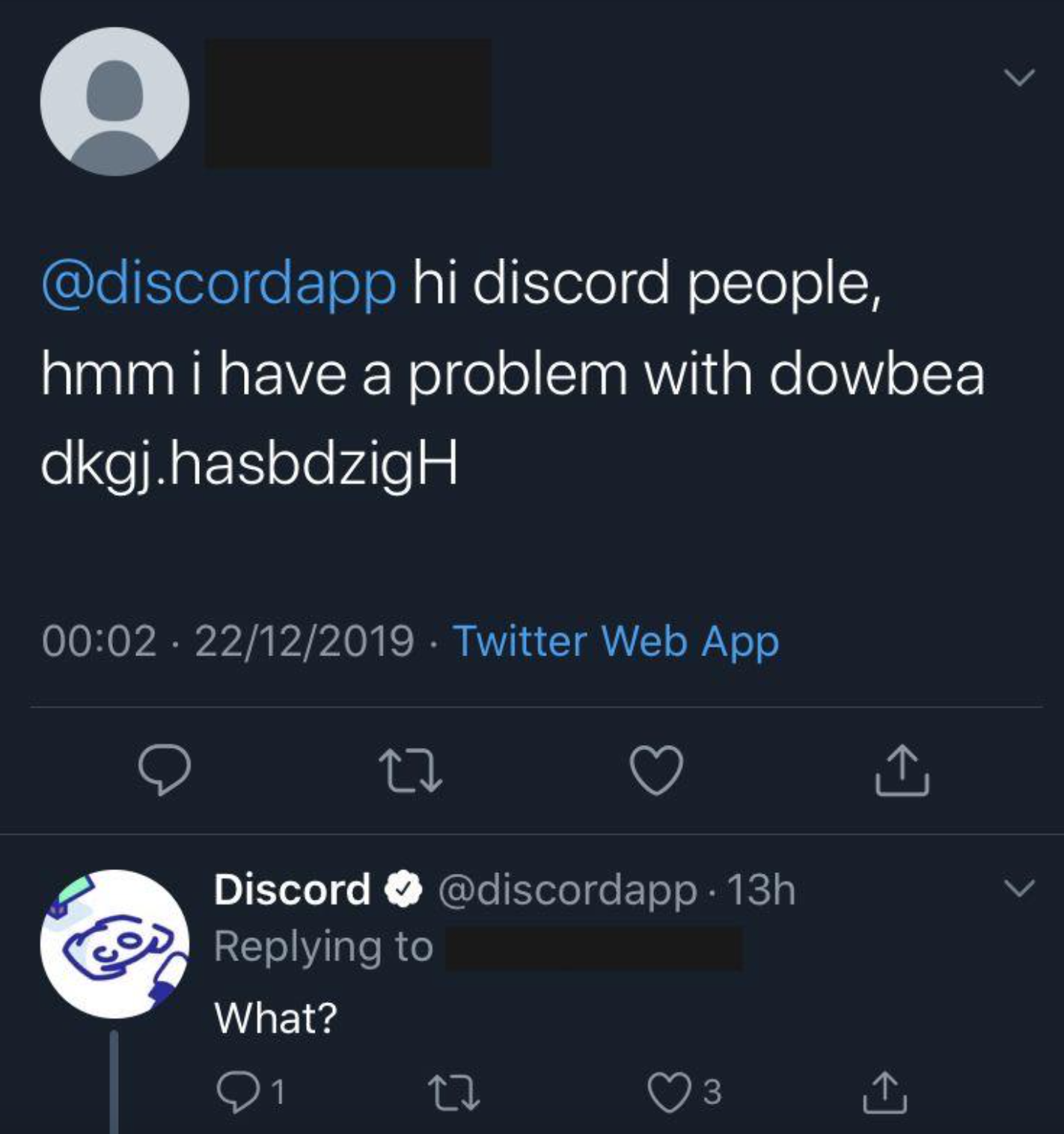 r ihadastroke twitter - hi discord people, hmm i have a problem with dowbea dkgj.hasbdzigH 22122019 Twitter Web App 22 Discord . 13h What? 27 3